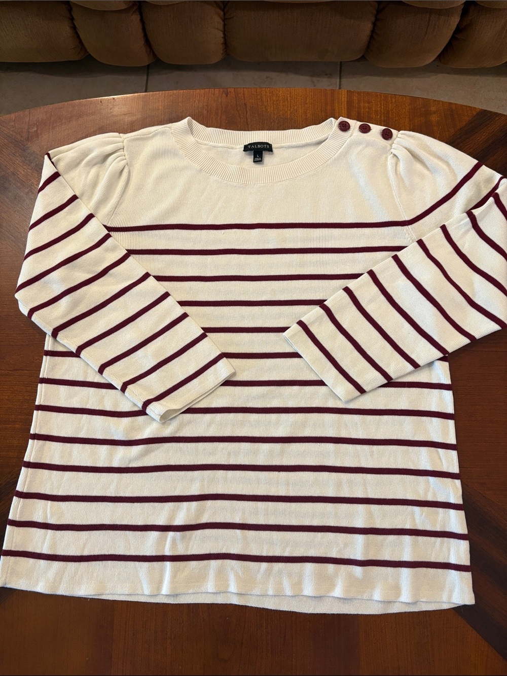 Talbots Women’s Cream and Burgundy Striped Shoulder-Button Sweater
